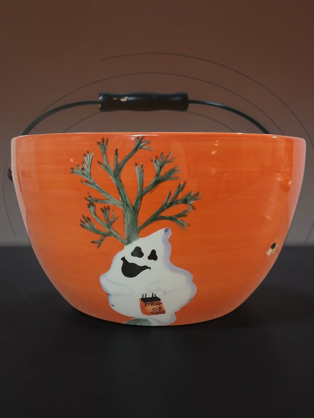 Orange Halloween Ceramic Candy Bucket with Ghost Motif